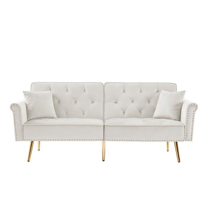 Velvet Tufted Sofa Couch With 2 Pillows And Nailhead Trim