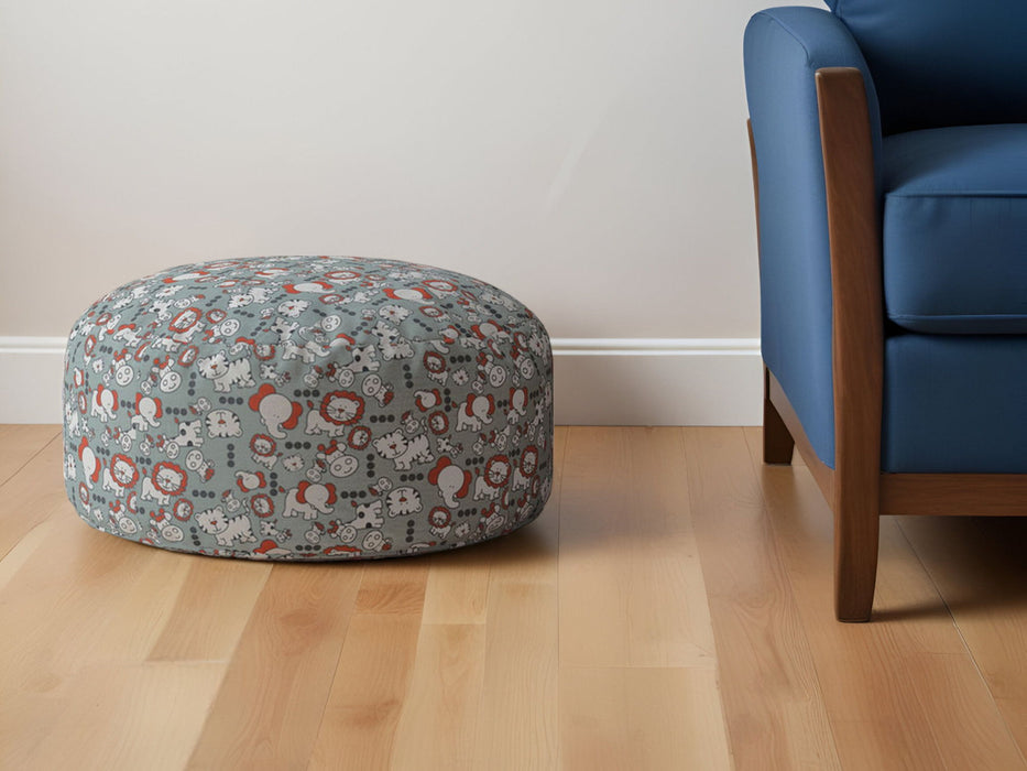 Cotton Round Animal Print Pouf Ottoman - Gray / White