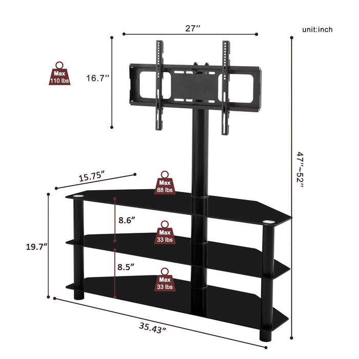 Multi-Function TV Stand Height Adjustable Bracket Swivel 3 Tier - Black