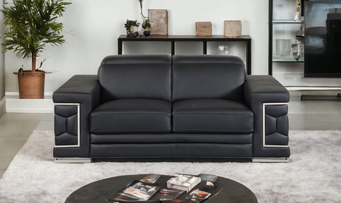 Genuine Leather Love Seat - Black / Silver