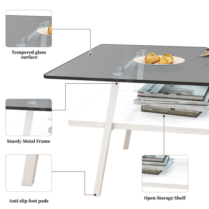 Rectangle Coffee Table, Tempered Glass Tabletop With Metal Legs, Modern Table For Living Room - Black Glass