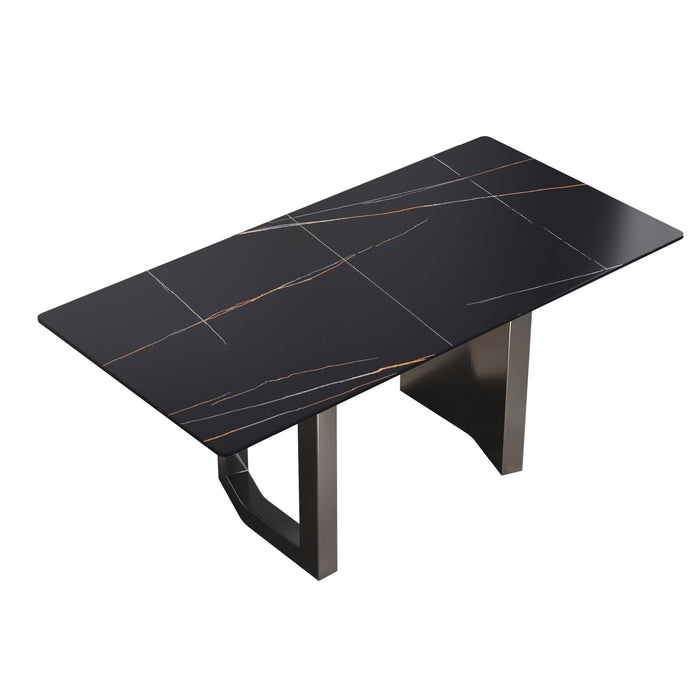 70.87" Modern Artificial Stone Black Straight Edge Black Metal Leg Dining Table, Can Accommodate 6-8 People - Black