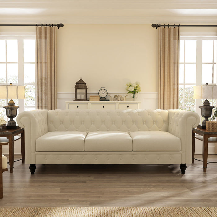 Chesterfield Sofa, 3-Seater Plush Fabric With Tufted Buttons And Wooden Legs, Classic Design - Beige