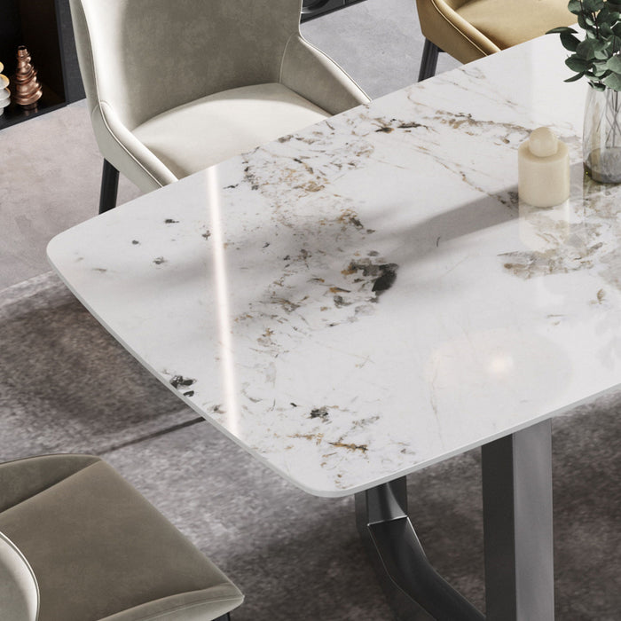 70.87" Modern Artificial Stone Pandora White Curved Black Metal Leg Dining Table, Can Accommodate 6-8 People - Antique White