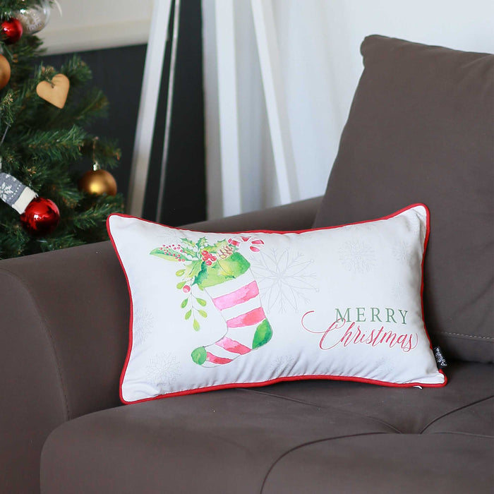 Merry Christmas Filled Stocking Decorative Lumbar Throw Pillow Cover - Red And White