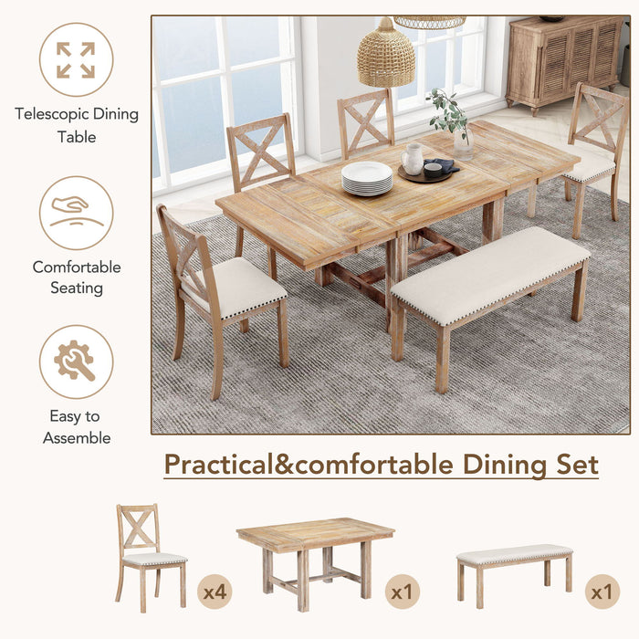 Topmax - 6 Piece Farmhouse Extendable Dining Table With Footrest, 4 Upholstered Dining Chairs And Dining Bench, Two 11" Removable Leaf