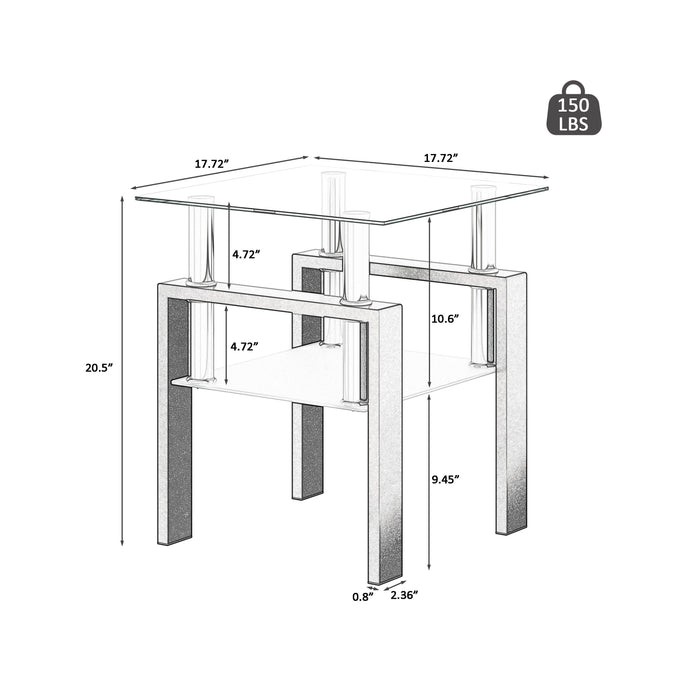 Modern Tempered Glass Tea Table, End Square Table For Living Room (Set of 2) - Transparent / Black