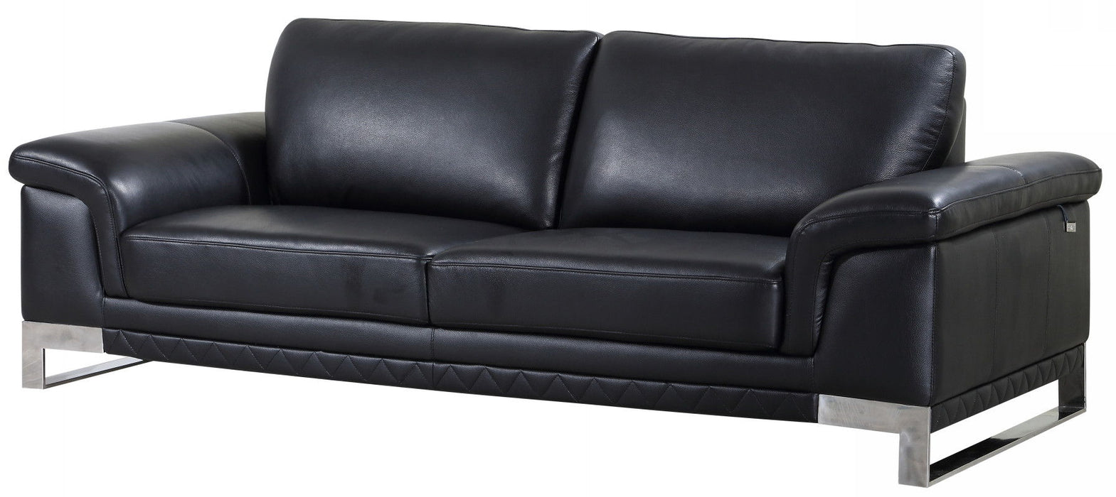 With Silver Legs Italian Leather Sofa - Black