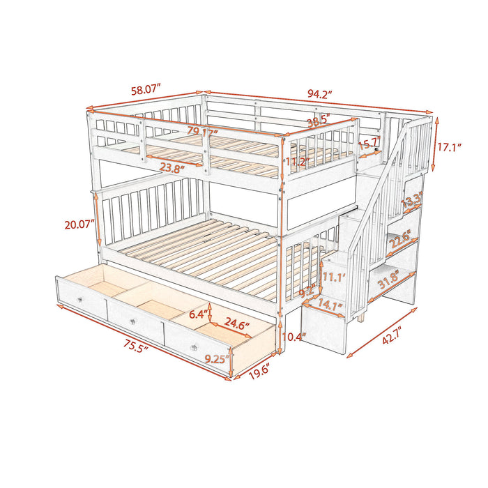 Stairway Bunk Bed With Drawer, Storage And Guard Rail For Bedroom