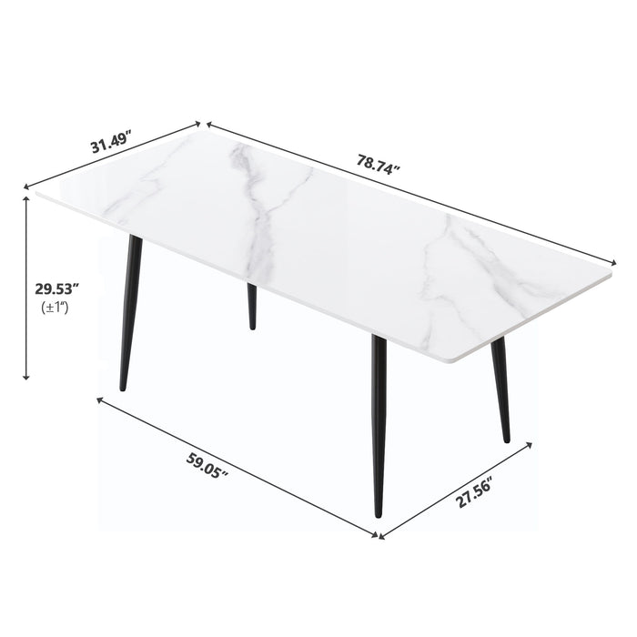 78.74" Modern Artificial Stone Straight Edge Black Metal Leg Dining Table - White