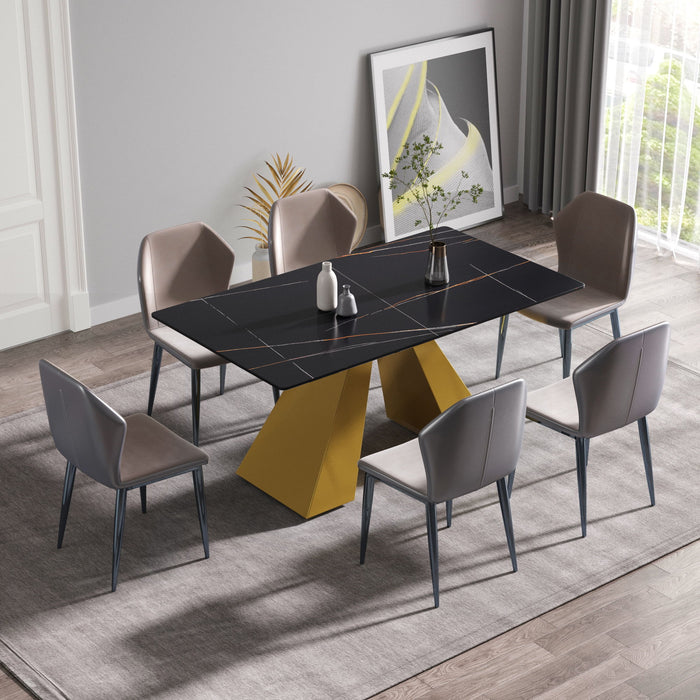 63" Modern Artificial Stone Black Straight Edge Golden Metal Leg Dining Table, 6 People - Black / Gold