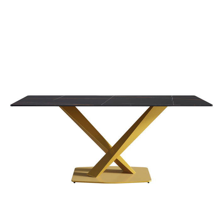 Modern Artificial Stone Round Carbon Steel Base Dining Table, Can Accommodate 6 People Artificial Stone Turntable - Black / Gold