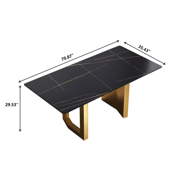 70.87" Modern Artificial Stone Black Straight Edge Golden Metal Leg Dining Table, Can Accommodate 6-8 People - Black / Gold