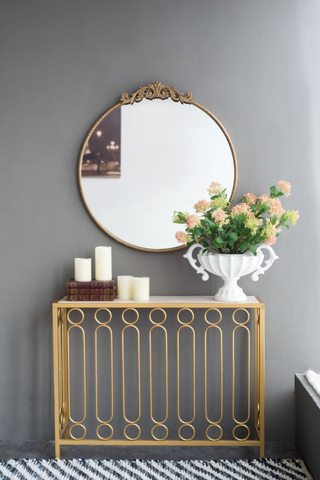 Classic Design Mirror With Round Shape And Baroque Inspired Frame For Bathroom, Entryway Console Lean Against Wall