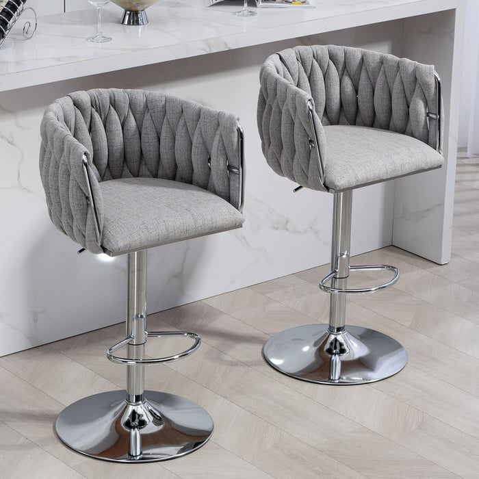 360 Degree Swivel Bar Stools Adjustable Counter Height Bar Chairs With Woven Back & Footrest, Silver Chromed Bar Stools For Kitchen Island (Set of 2) - Gray