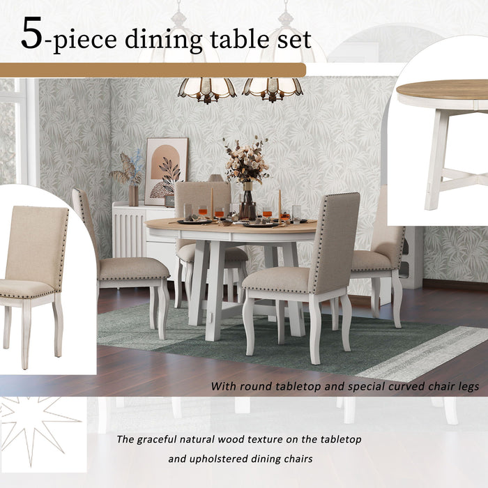 Farmhouse Dining Table Set Wood Round Extendable Dining Table And Upholstered Dining Chairs