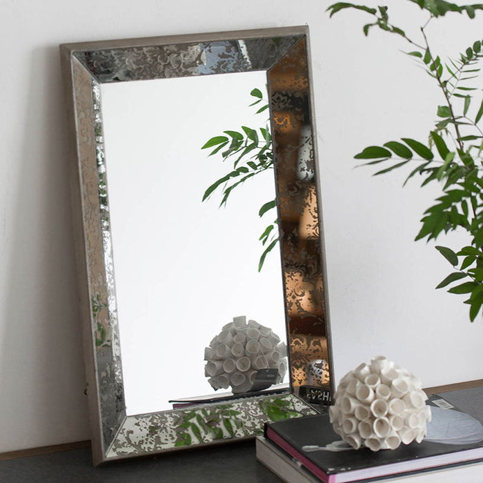 Rectangle Wall Mirror With Floral Accents, Mirrored Display Tray, Hanging Mirror - Antique Silver