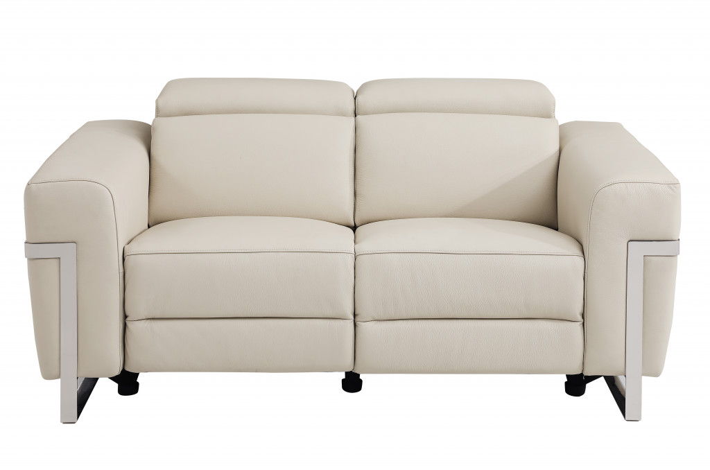 Italian Leather, Power Reclining Loveseat - Beige / Silver