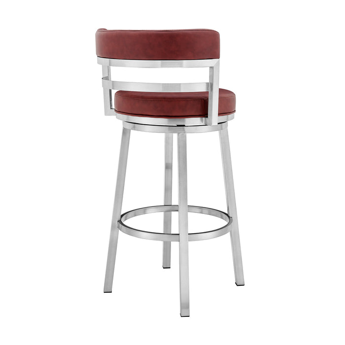 Faux Leather And Iron Swivel Low Back Counter Height Bar Chair With Footrest 36" - Red And Silver