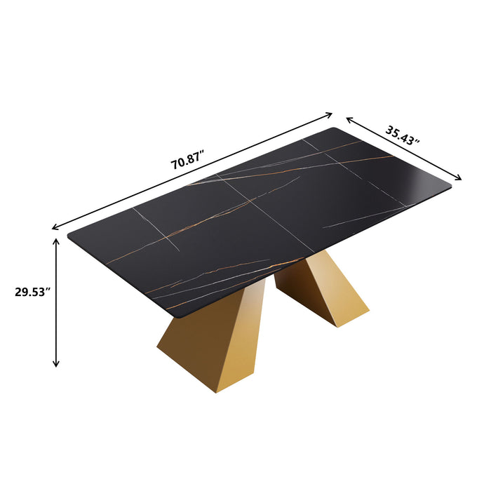 70.87" Modern Artificial Stone Straight Edge Golden Metal Leg Dining Table, Can Accommodate 6-8 People - Black / Gold