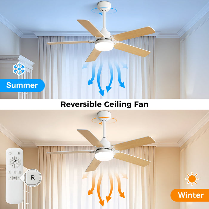 Modern Ceiling Fan With 3 Color Dimmable Light 5 Blades Remote Control Reversible Dc Motor - White