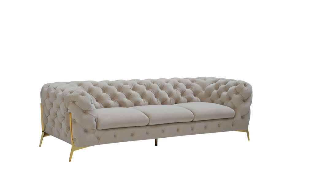 Velvet Chesterfield Sofa & Gold Legs - Beige