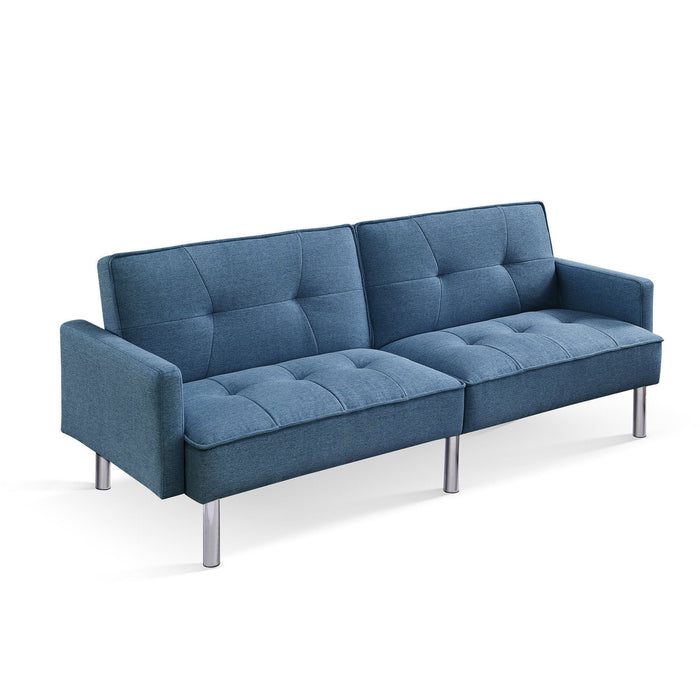 Polyester Blend Convertible Futon Sleeper Sofa And Toss Pillows With Silver Legs - Blue