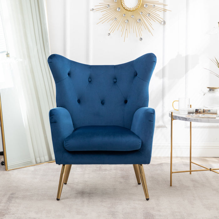 Sovarol - Velvet Button-Tufted Wing Back Accent Chair - Blue