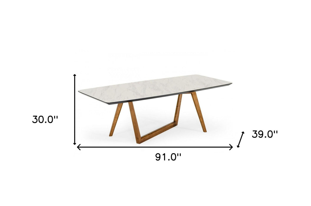 Rectangular Stone Wood Dining Table - White / Walnut