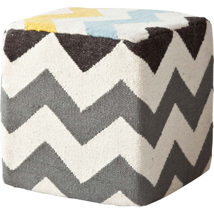 Wool Square Pouf With Zig Zag Pattern - Ivory / Charcoal