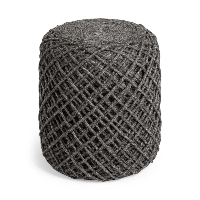 Wool Cylindrical Pouf With Diamond Pattern - Dark Gray