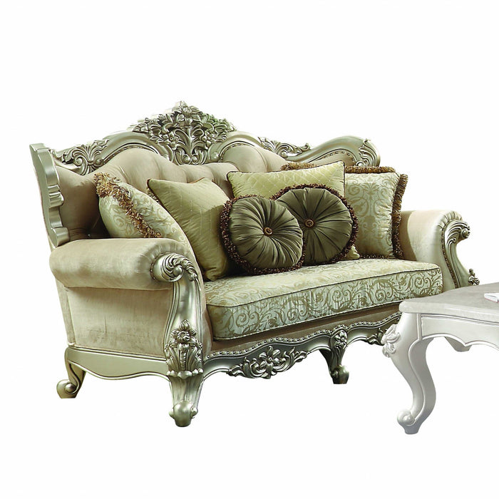 Polyester Blend Damask Chesterfield Loveseat And Toss Pillows - Green / Light Green