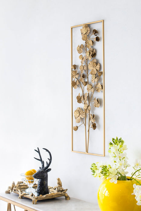 Metal Tree Wall Decor, Vertical Rectangular Flower Wall Accent - Gold