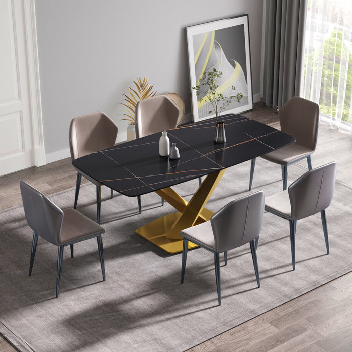 70.87" Modern Artificial Stone Black Curved Golden Metal Leg Dining Table - Black / Gold