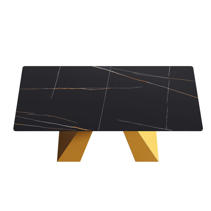 70.87" Modern Artificial Stone Straight Edge Golden Metal Leg Dining Table, Can Accommodate 6-8 People - Black / Gold