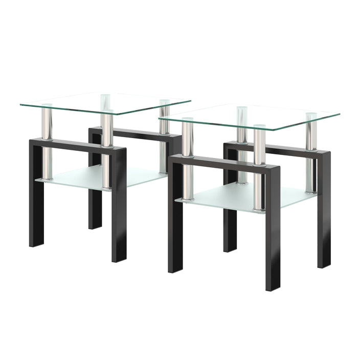 Modern Tempered Glass Tea Table, End Square Table For Living Room (Set of 2) - Transparent / Black