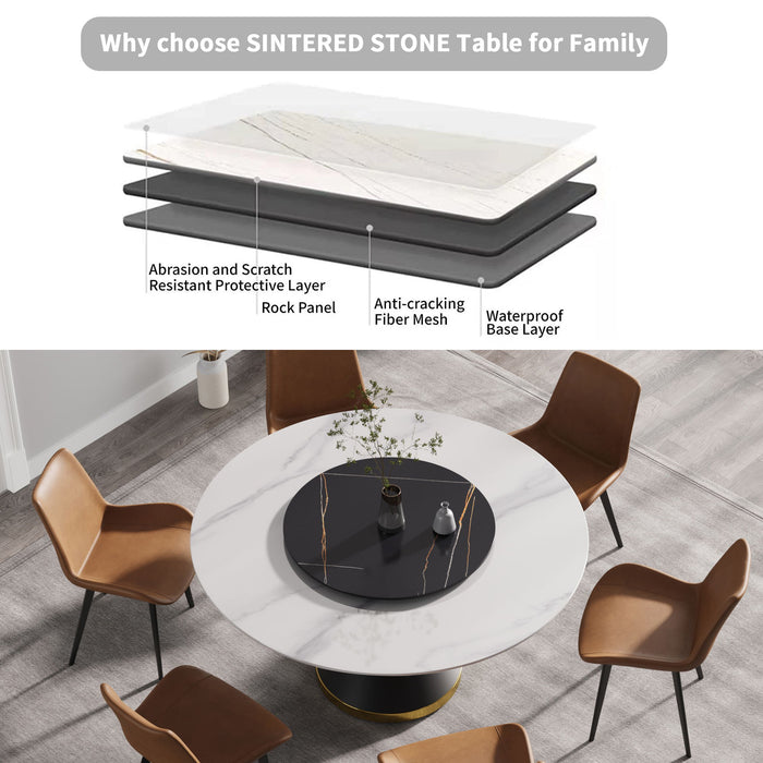 Modern Artificial Stone Round Carbon Steel Base Dining Table, Artificial Stone Turntable