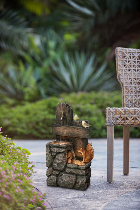 Decorative Two Tiered Water Fountain With Woodland Animal Design, Outdoor Fountain With Light And Pump - Multi