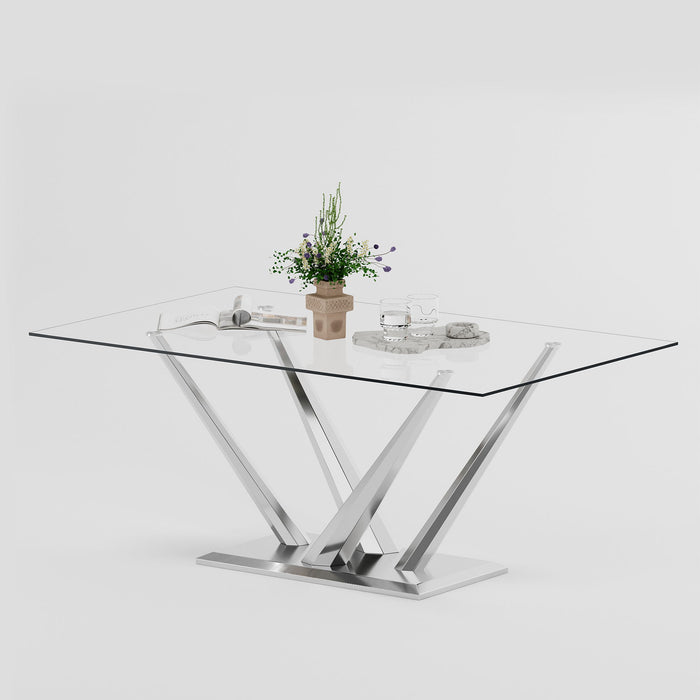 0.39" Thick Tempered Glass Top Rectangular Dining Table With Stainless Steel Base For Dining Room - Silver