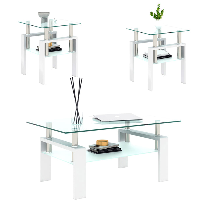 Modern Tempered Glass Tea Table, End Square Table For Living Room (Set of 2) - Transparent / White