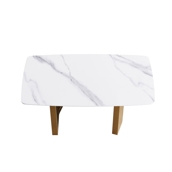 63" Modern Artificial Stone White Curved Golden Metal Leg Dining Table, 6 People - White / Gold