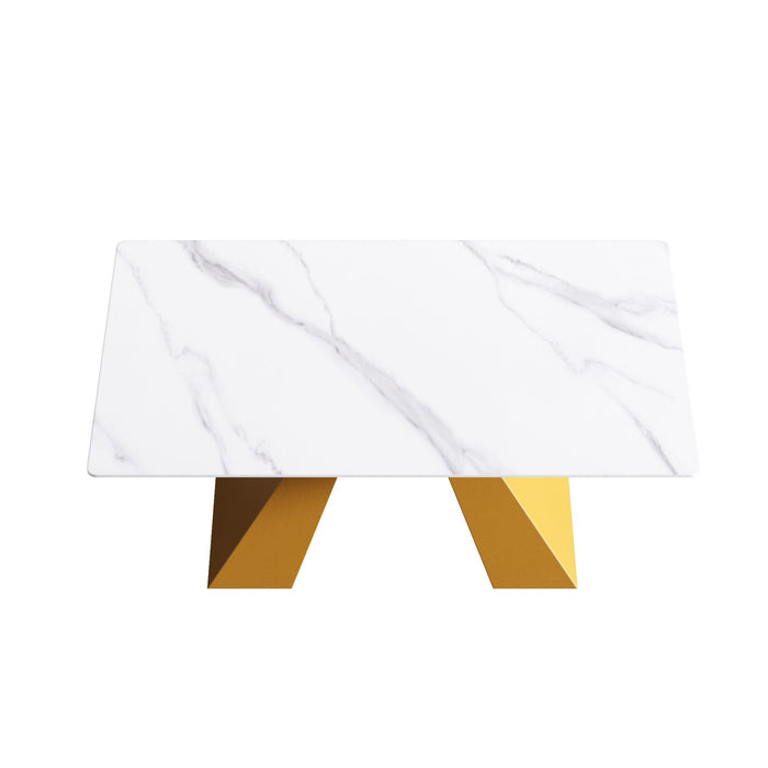 63" Modern Artificial Stone Straight Edge Golden Metal Leg Dining Table - White / Gold