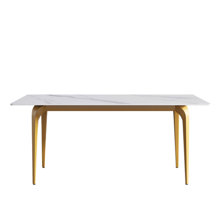 70.87" Modern Artificial Stone White Straight Edge Metal Leg Dining Table, Can Accommodate 6-8 People - White / Gold