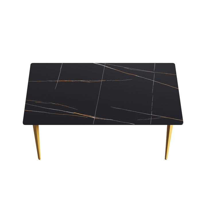 63" Modern Artificial Stone Black Straight Edge Golden Metal Leg Dining Table - Black / Gold