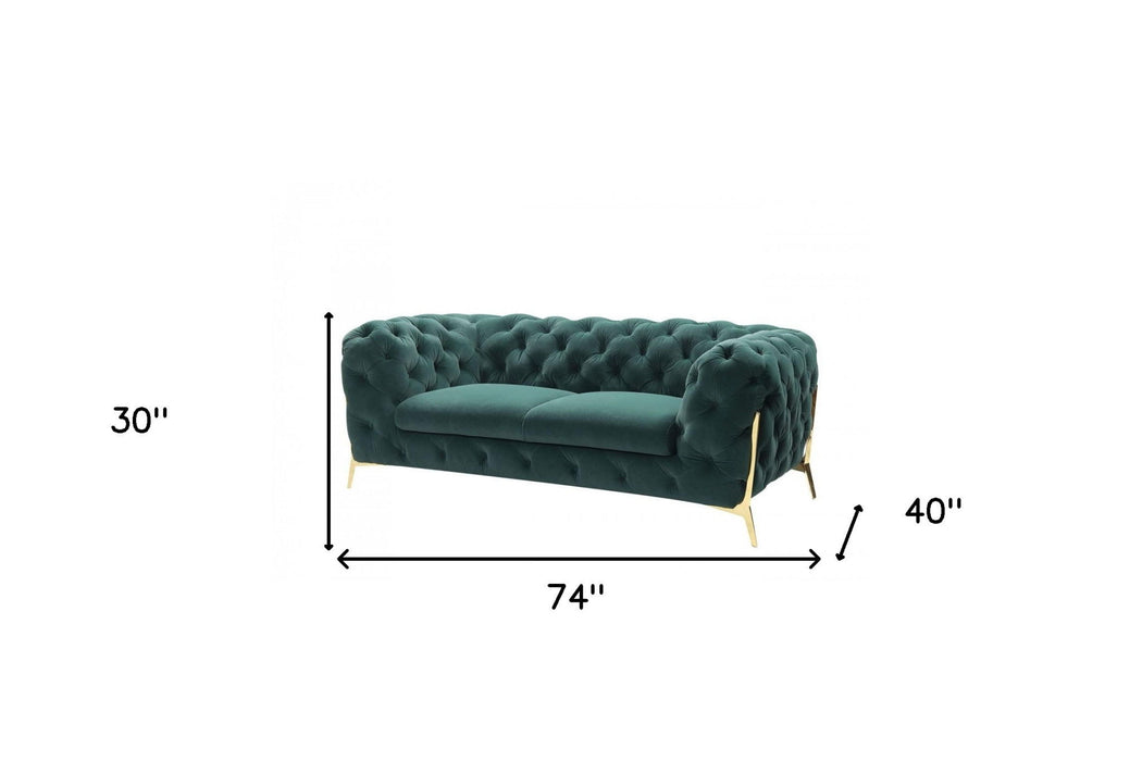 Tufted Velvet And Gold Chesterfield Love Seat - Dark Green