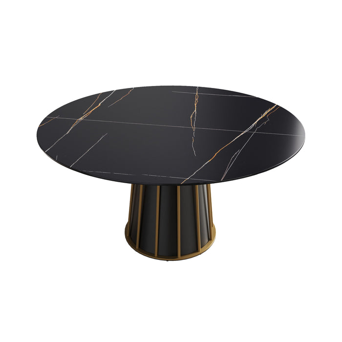 Modern Artificial Stone Round Metal Iron Base Dining Table, Can Accommodate 8 People, (Not Including Chairs) - Black