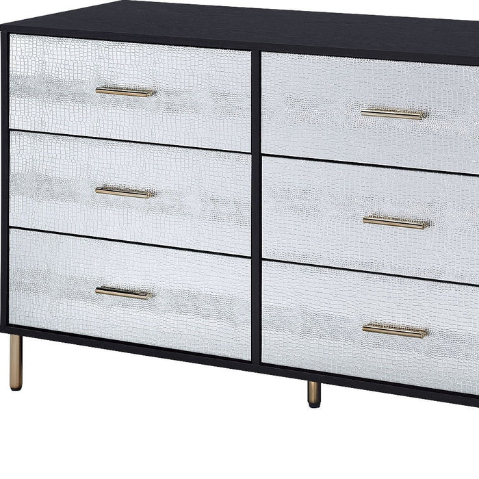 Silver And Gold Faux Croc Design Six Drawer Double Dresser - Black