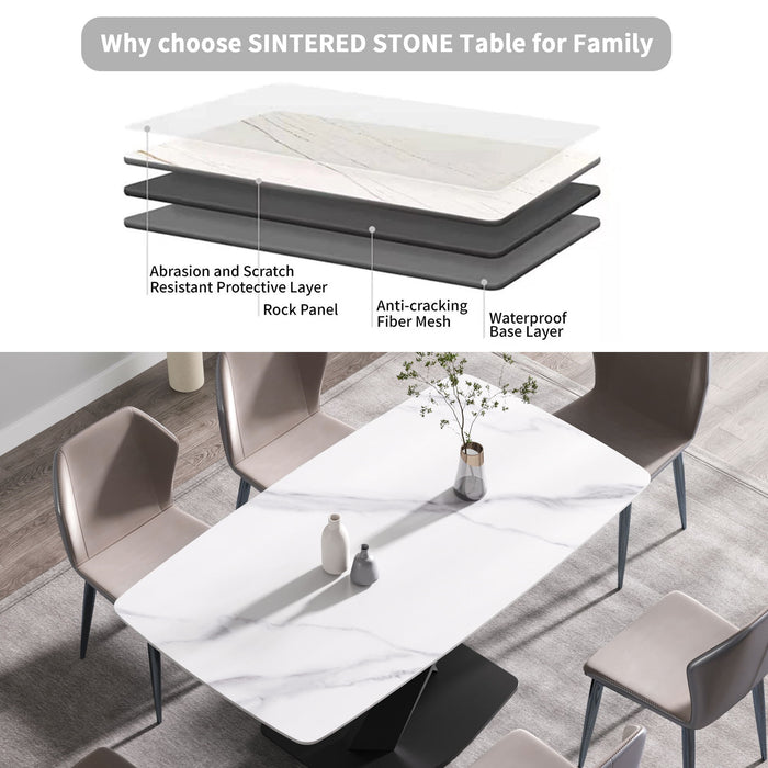 70.87" Modern Artificial Stone White Curved Black Metal Leg Dining Table, Can Accommodate 6-8 People - White / Black