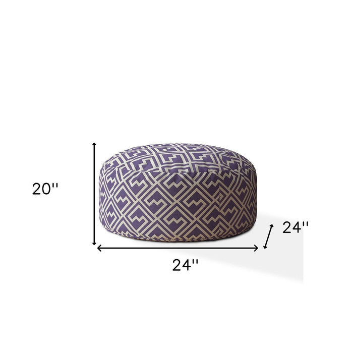 Cotton Round Damask Pouf Ottoman - Purple / White