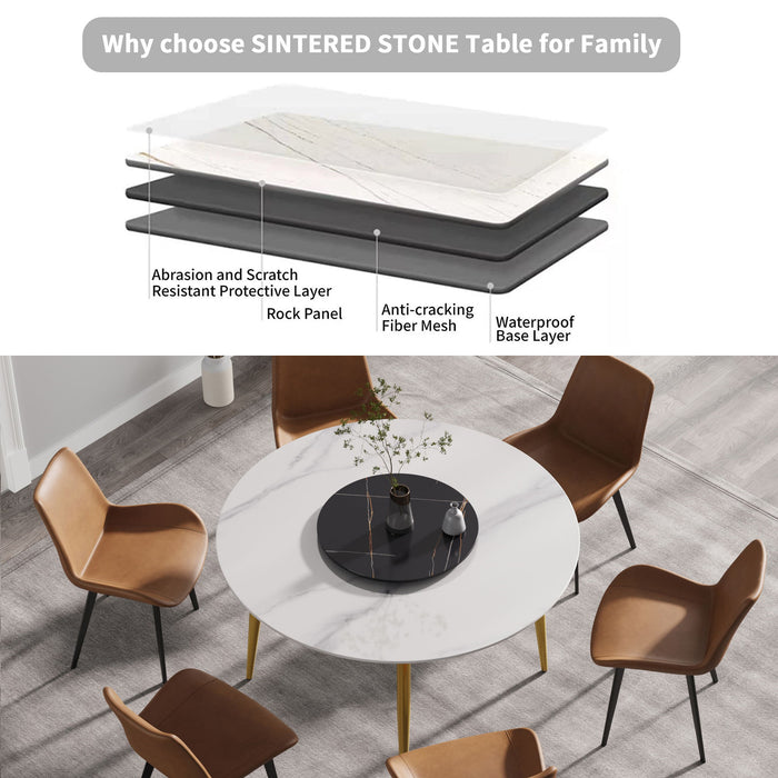 53.15" Modern Artificial Stone Round Golden Metal Dining Table, Can Accommodate 6 People, Artificial Stone Turntable - White / Black